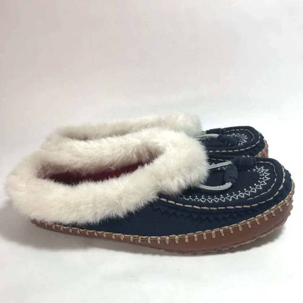 Lands' End Dark Navy Blue Slip On Embroidered Slippers Size 8 - Picture 1 of 12